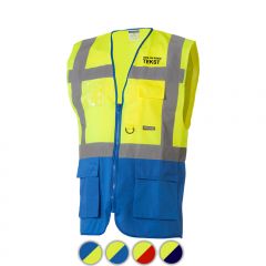 Reflectievest met zakken duokleur geel/blauw bedrukt