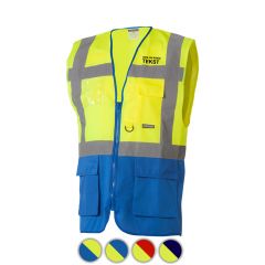 Reflectievest met zakken duokleur geel/blauw bedrukt