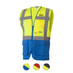 Reflectievest met zakken duokleur geel/blauw bedrukt