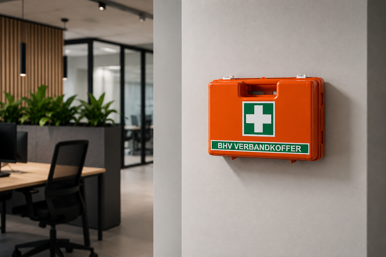 EHBO-koffer voor kantoor aan de wand in een moderne werkomgeving