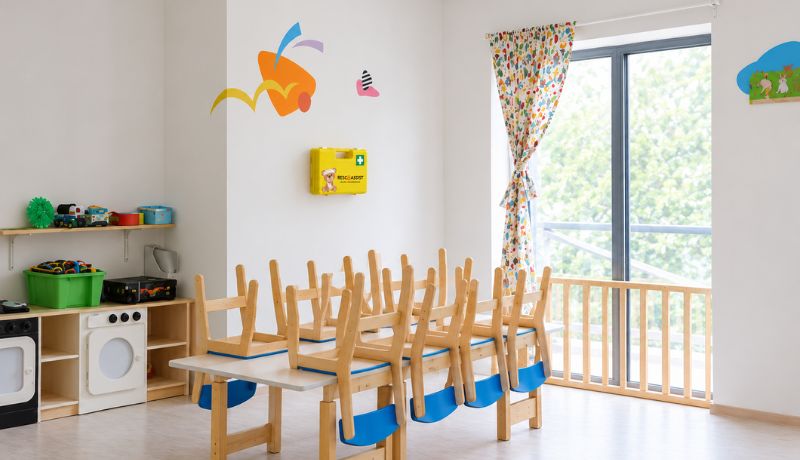 EHBO-koffer voor de kinderopvang aan de wand, buiten het bereik van kinderen
